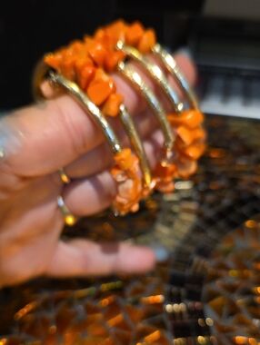 Gold Hoop Bracelet with Orange Chip Beads